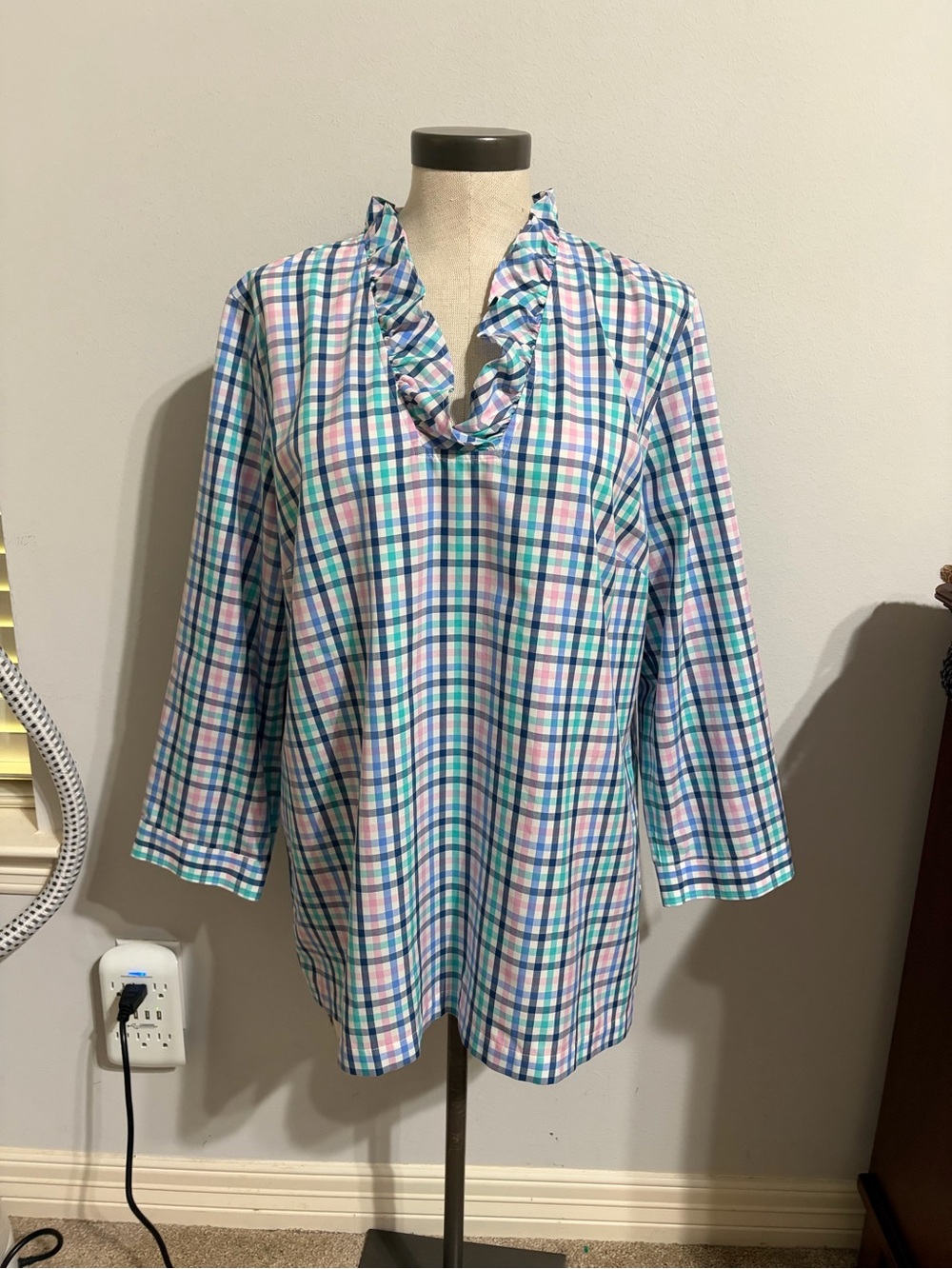 Talbots Blue Pink Plaid Ruffled Collar Tunic Gingham Popover Preppy Size 16 - Picture 2 of 8